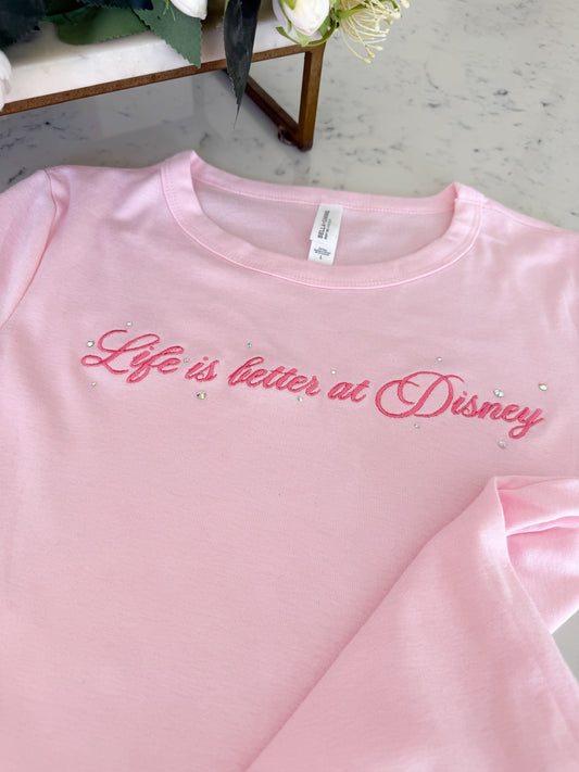 LIFE IS BETTER AT DSNY EMBROIDERED BABY TEE W/ BLING