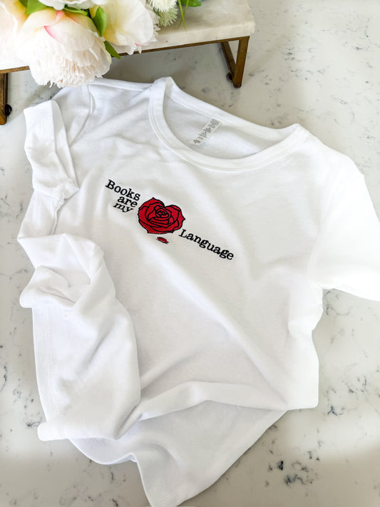 BELLE’S BOOKS ARE MY LOVE LANGUAGE EMBROIDERED BABY TEE